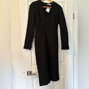 Zara Black Long Sleeve V-Neck Midi Sheath Dress